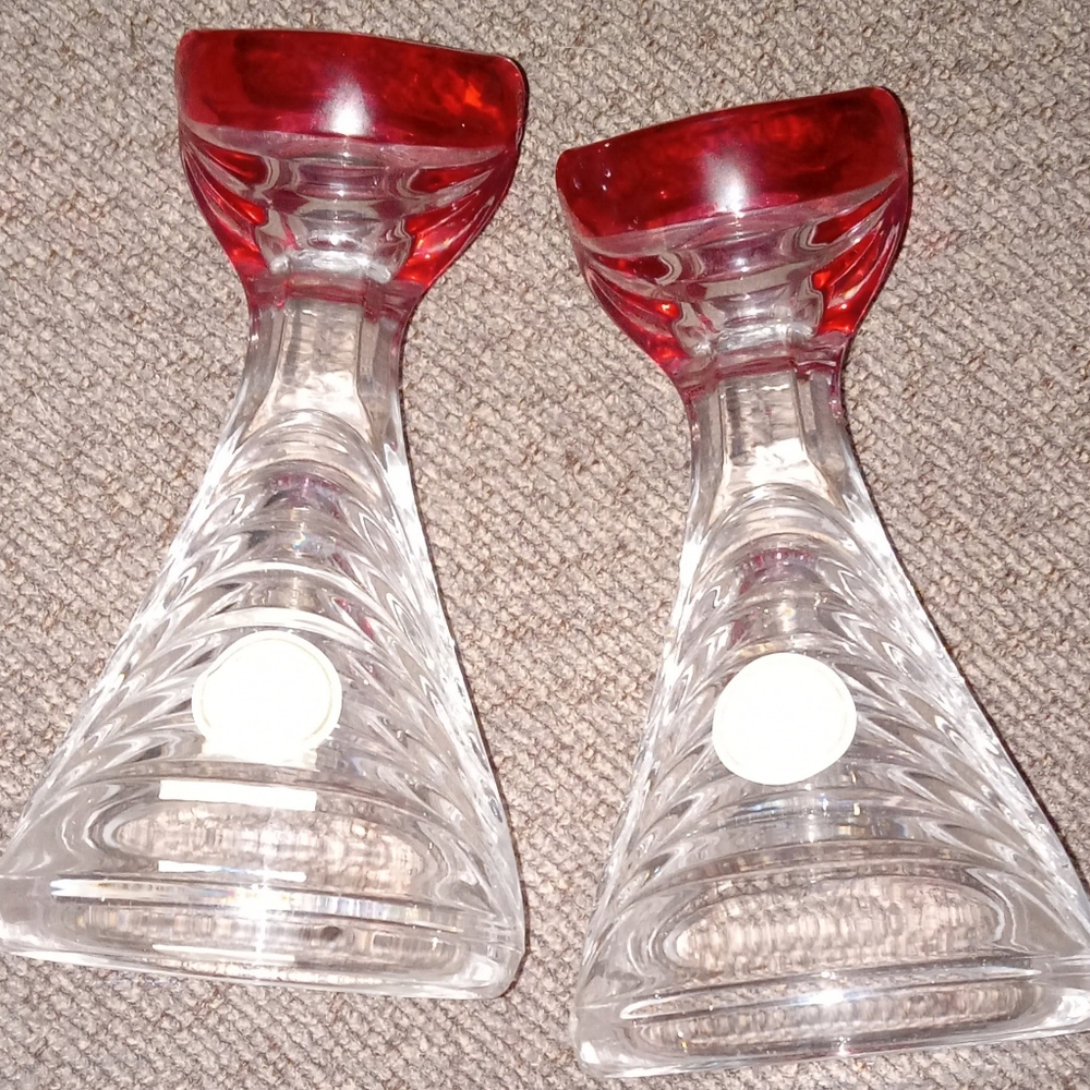 Pair Crystal Candle Holder Ruby RedCranberry Accent Ribbed Crystal Clear Germany